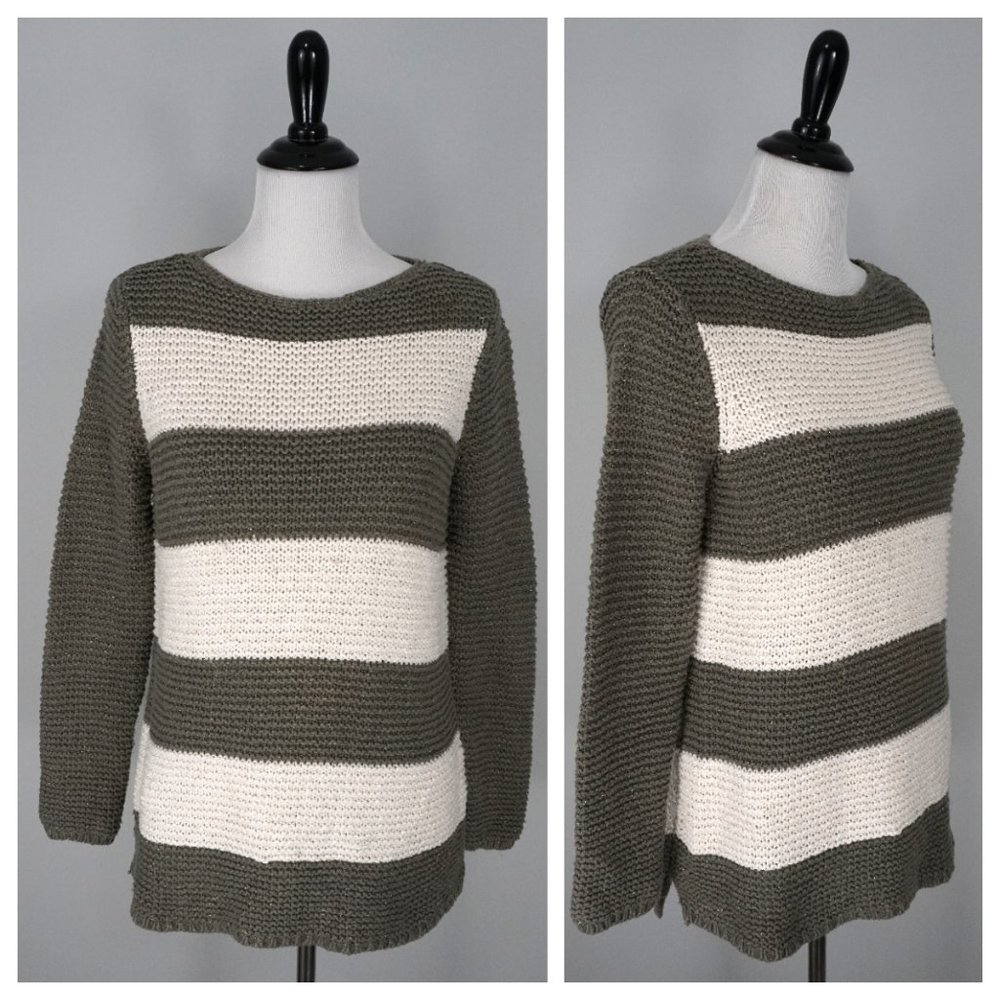 CHICOS Green White Striped Metallic Knit Color Block Sweater Size 1 Medium US 8